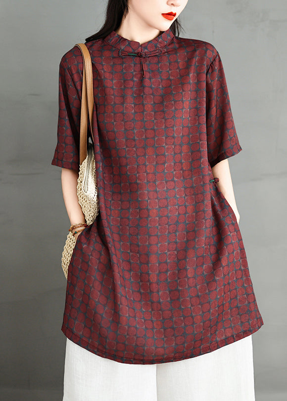 Vintage Red Stand Collar Print Side Open Cotton Dress Summer