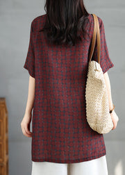 Vintage Red Stand Collar Print Side Open Cotton Dress Summer