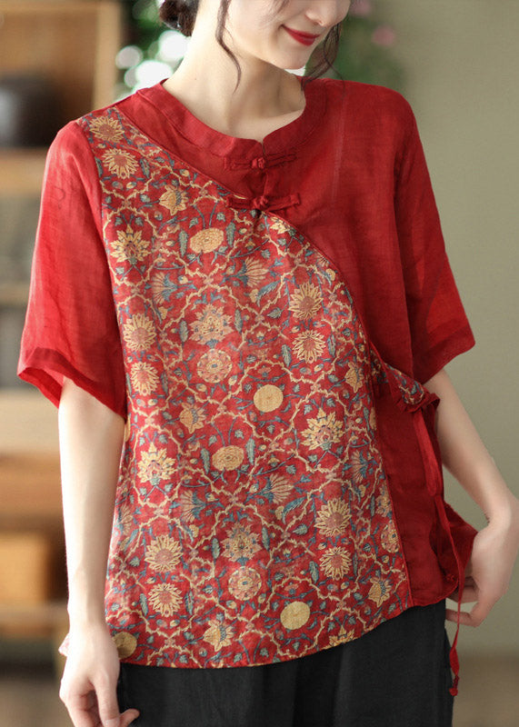 Vintage Red Stand Collar Print Tie Waist Linen Shirt Half Sleeve