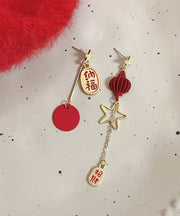 Vintage Red Sterling Silver Alloy Asymmetric Star Lantern Tassel Drop Earrings