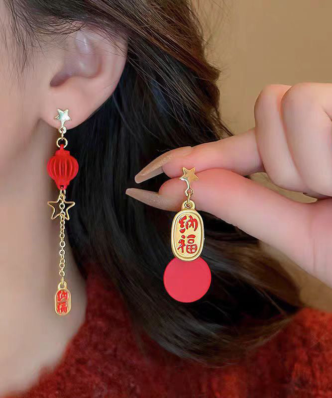 Vintage Red Sterling Silver Alloy Asymmetric Star Lantern Tassel Drop Earrings