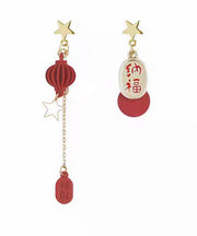 Vintage Red Sterling Silver Alloy Asymmetric Star Lantern Tassel Drop Earrings