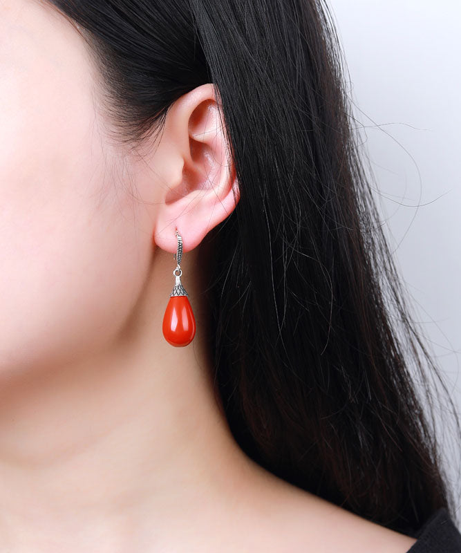 Vintage Red Sterling Silver Inlaid Gem Stone Water Drop Drop Earrings