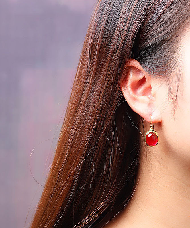 Vintage Red Sterling Silver Overgild Enamel Gem Stone Drop Earrings