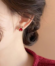 Vintage Red Sterling Silver Overgild Zircon Stud Earrings