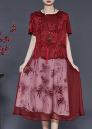 Vintage Red Tasseled Patchwork Jacquard Silk Dress Summer