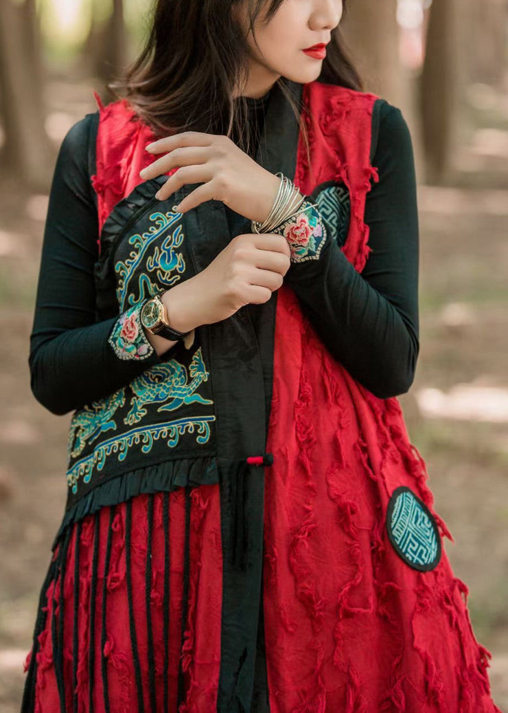 Vintage Red Tasseled PocketsPatchwork Cotton Waistcoat Sleeveless