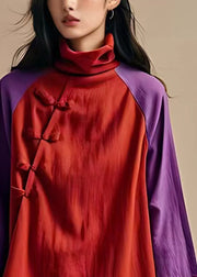 Vintage Red Turtleneck Low High Design Cotton Blouse Long Sleeve