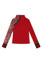 Vintage Red Turtleneck Print Cotton Tops Spring