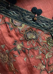 Vintage Red V Neck Embroidered Side Open Linen Dress Summer