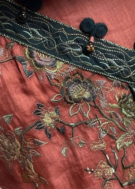 Vintage Red V Neck Embroidered Side Open Linen Dress Summer