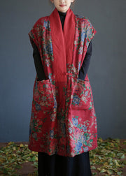 Vintage Red V Neck Print Button Warm Fleece Cotton Waistcoat Winter