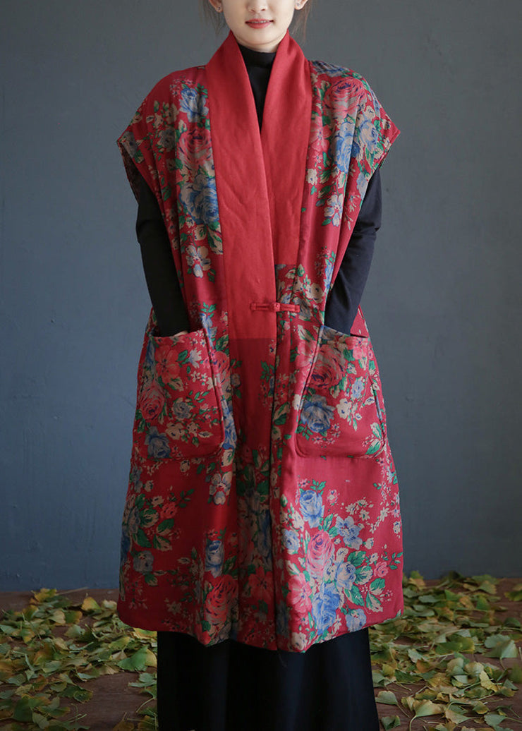 Vintage Red V Neck Print Button Warm Fleece Cotton Waistcoat Winter