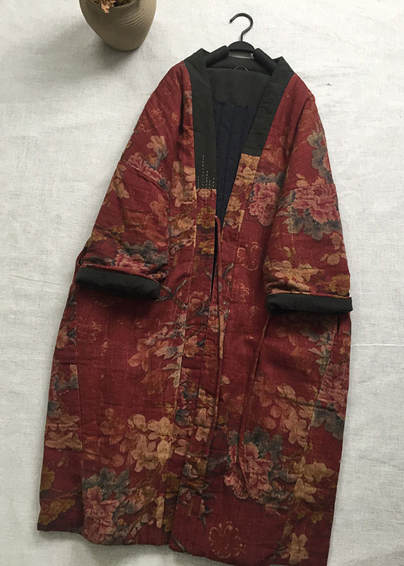 Vintage Red V Neck Print Fine Cotton Filled Long Coat Spring