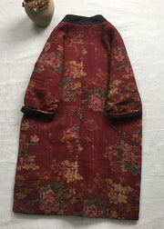 Vintage Red V Neck Print Fine Cotton Filled Long Coat Spring