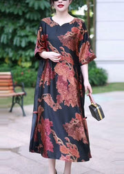 Vintage Red V Neck Print Silk Long Dress Summer