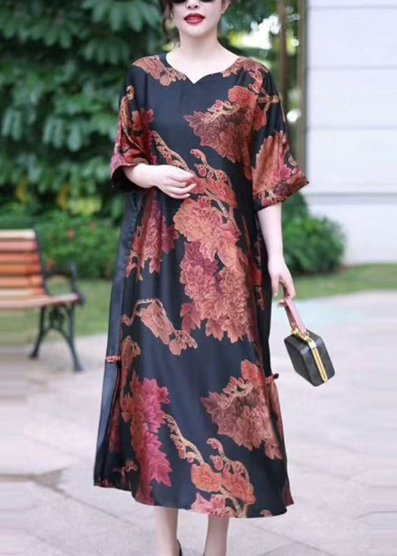 Vintage Red V Neck Print Silk Long Dress Summer