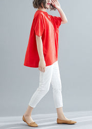 Vintage Red V Neck Wrinkled Cotton Tops Summer