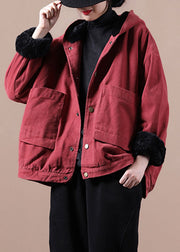 Vintage Red Warm Fleece Button Low High Design Hooded Coat Winter