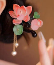 Vintage Red Woodiness Pearl Jade Floral Tassel Hairpin