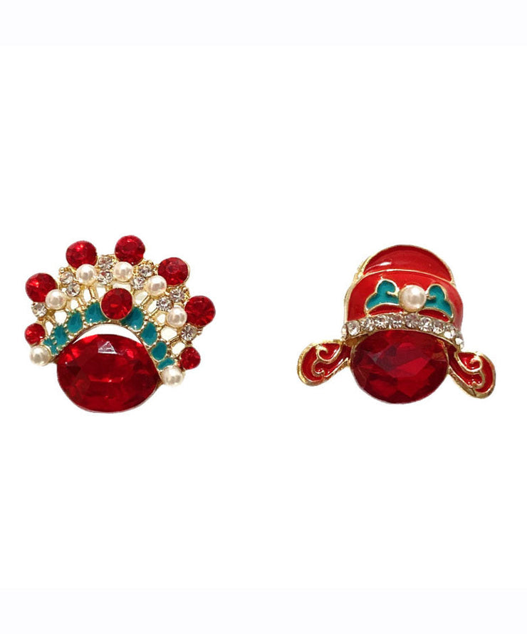 Vintage Red Zircon Crystal Pearl Asymmetric Design Peking Opera Mask Stud Earrings