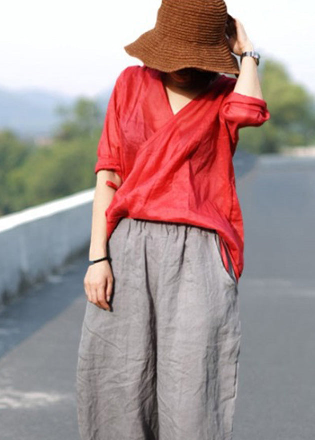 Vintage Red tie waist V Neck asymmetrical design Linen top Three Quarter sleeve