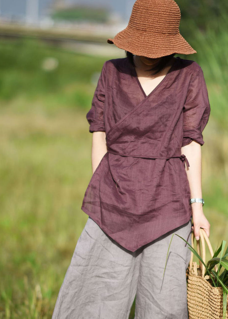 Vintage Red tie waist V Neck asymmetrical design Linen top Three Quarter sleeve