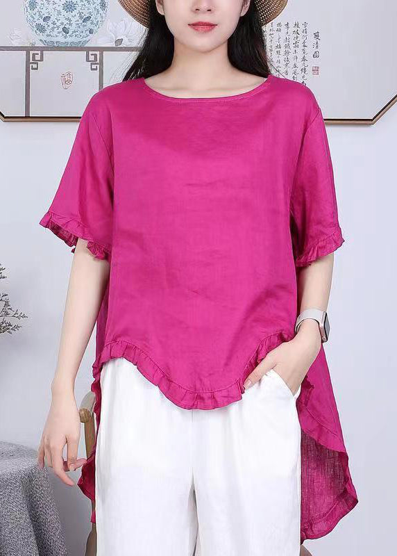 Vintage Rose Asymmetrical Ruffled Patchwork Linen Tops Summer