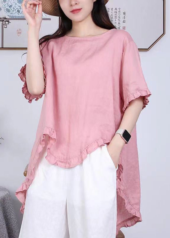 Vintage Rose Asymmetrical Ruffled Patchwork Linen Tops Summer