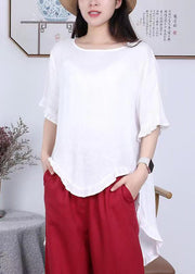 Vintage Rose Asymmetrical Ruffled Patchwork Linen Tops Summer