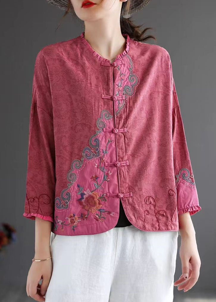 Vintage Rose Embroideried Chinese Button Patchwork Cotton Top Spring