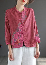 Vintage Rose Embroidered Chinese Button Patchwork Cotton Top Spring