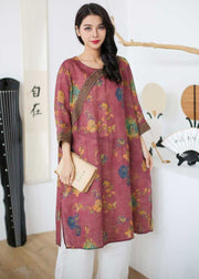 Vintage Rose Embroideried Print Patchwork Linen Mid Dress Spring