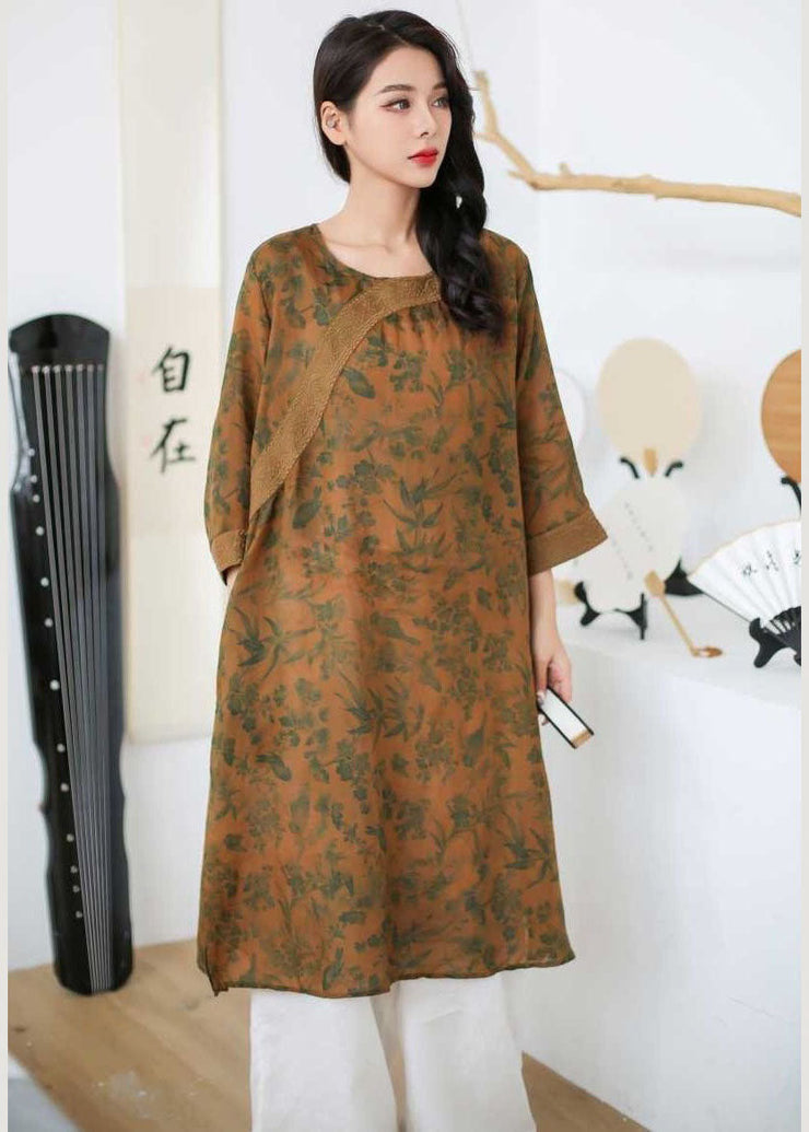 Vintage Rose Embroideried Print Patchwork Linen Mid Dress Spring