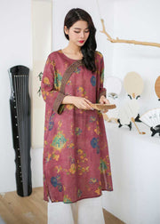 Vintage Rose Embroideried Print Patchwork Linen Mid Dress Spring