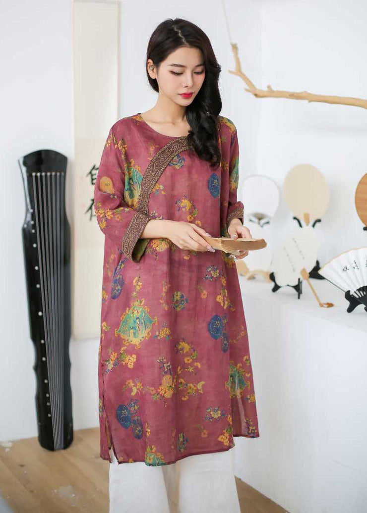 Vintage Rose Embroideried Print Patchwork Linen Mid Dress Spring