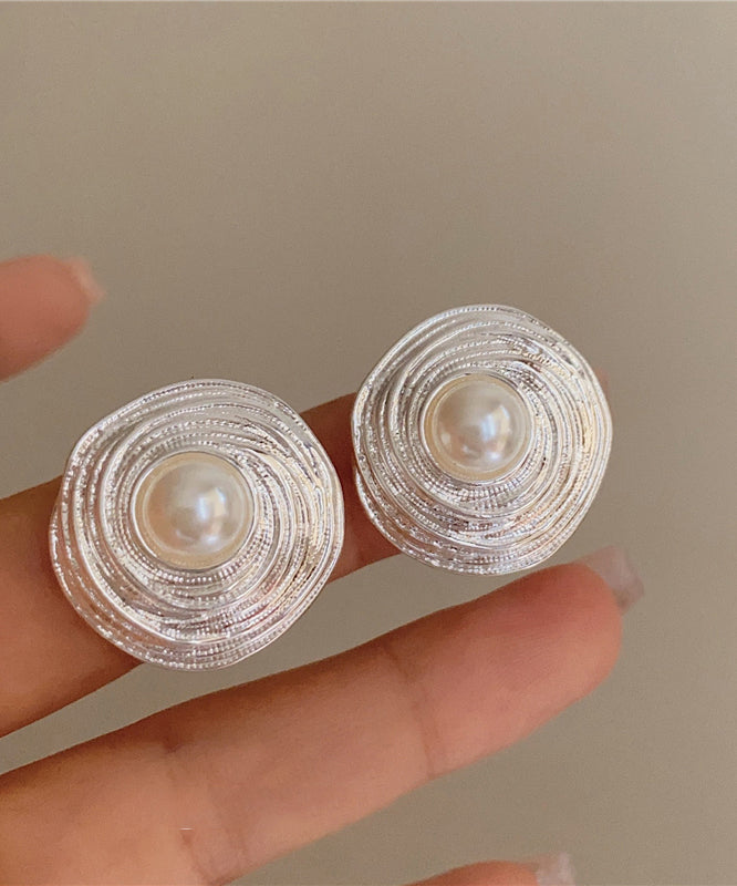 Vintage Silk Metal Resin Pearl Stud Earrings