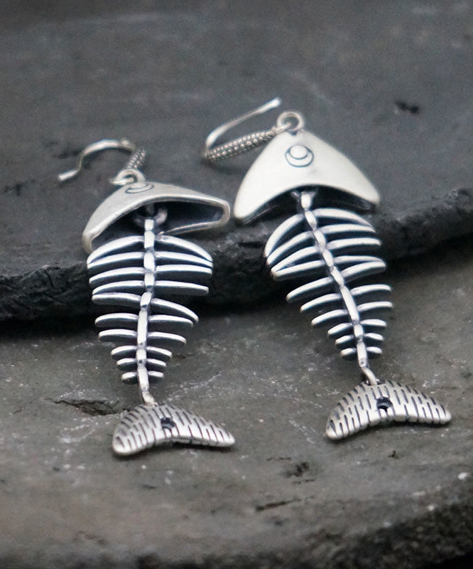 Vintage Silk Silver Fish Bone Drop Earrings