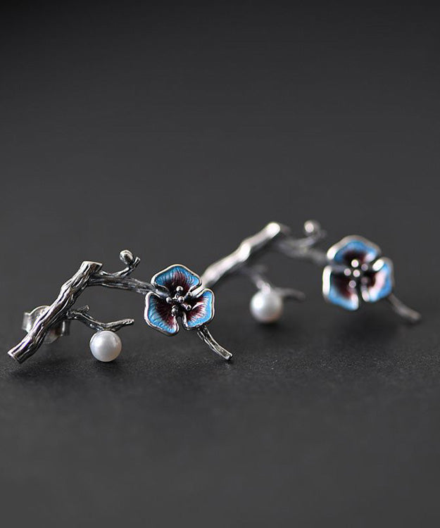 Vintage Silk Silver Inlaid Gem Stone Floral Stud Earrings