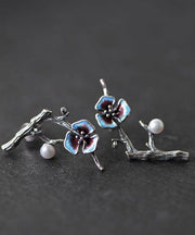 Vintage Silk Silver Inlaid Gem Stone Floral Stud Earrings