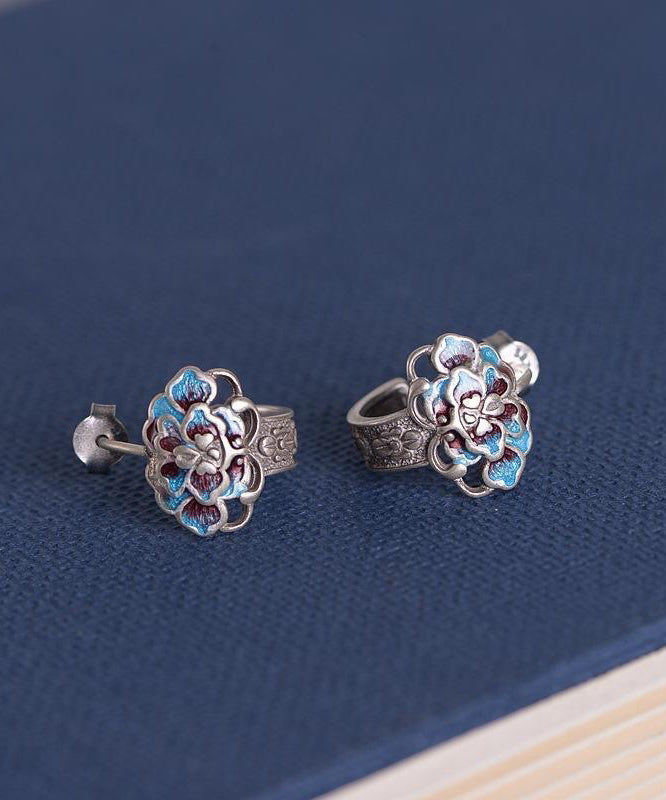 Vintage Silk Sterling Silver Cloisonne Peony Flower Stud Earrings