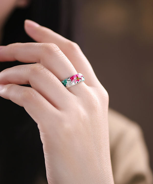 Vintage Silk Sterling Silver Enamel Lotus Rings