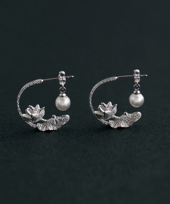 Vintage Silk Sterling Silver Pearl Lotus Hoop Earrings