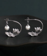Vintage Silk Sterling Silver Pearl Lotus Hoop Earrings