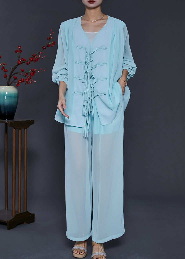 Vintage Sky Blue Chinese Button Chiffon Two Pieces Set Summer