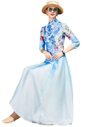 Vintage Sky Blue Stand Collar Print Exra Large Hem Silk Dress Cheongsam Bracelet Sleeve