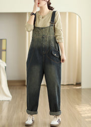 Vintage Slash Neck Pockets Patchwork Denim Jumpsuits Fall