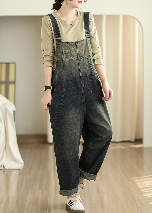 Vintage Slash Neck Pockets Patchwork Denim Jumpsuits Fall