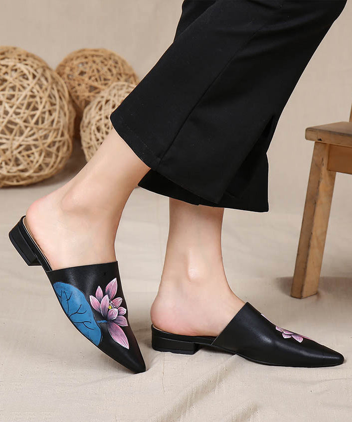 Vintage Soft Lotus Black Cowhide Leather Slide Sandals Pointed Toe