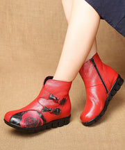 Vintage Splicing Ankle Boots Red Print Cowhide Leather